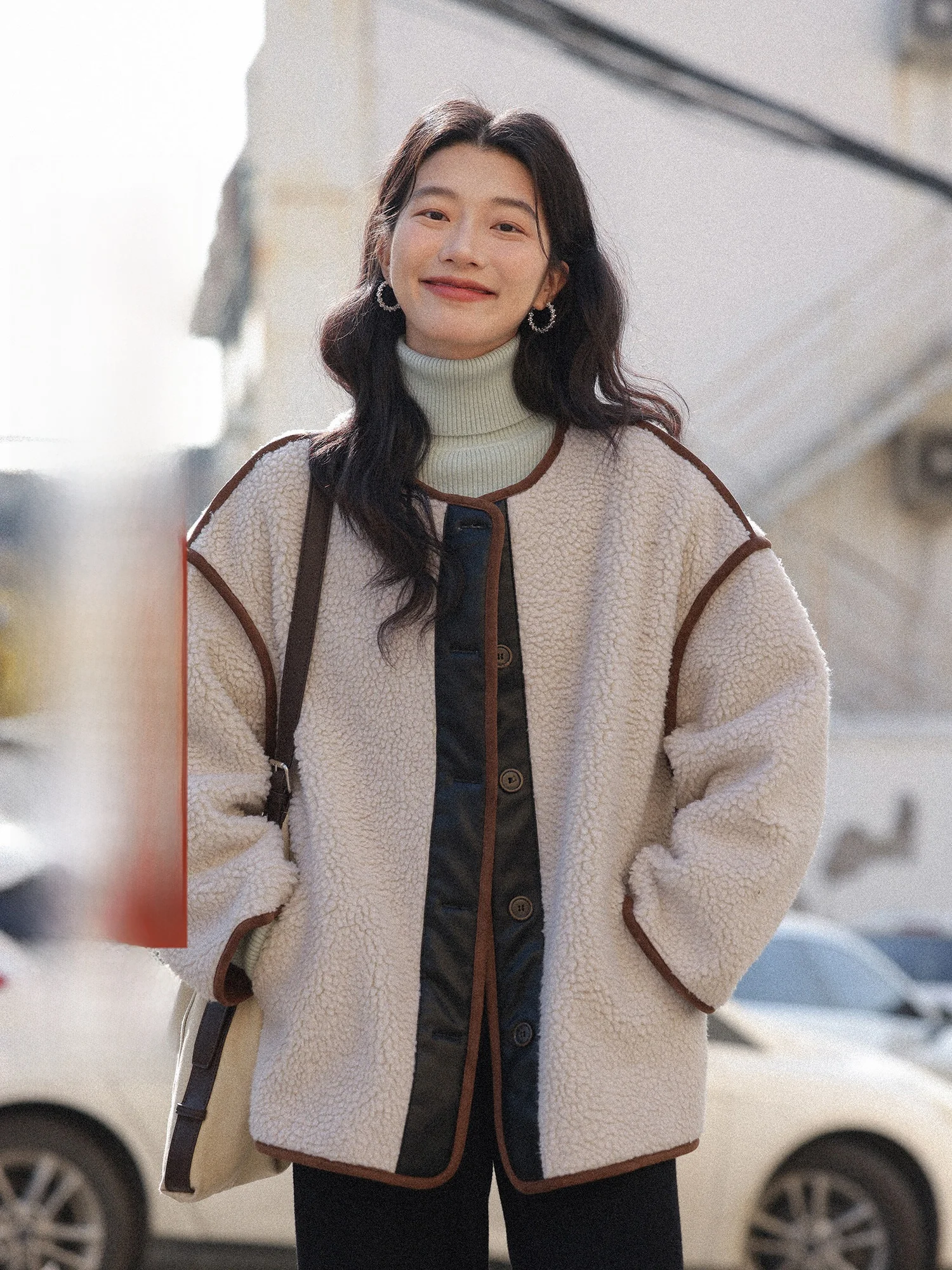 

Retro Color Blo Lamb Fur Jaet Women's Winter Thiened Fce Korean Sle ort Outerwear Simple Loose Fit round Ne