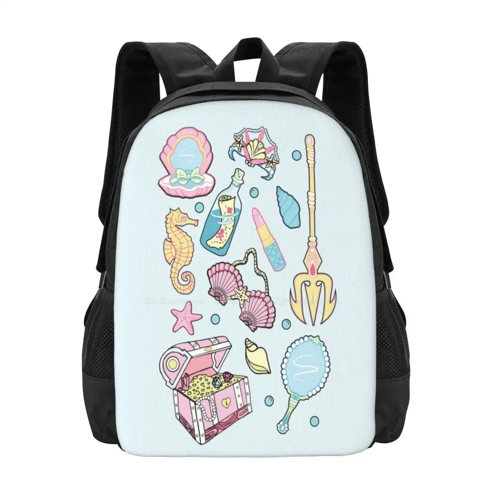 Mermaid Vibes School Bags Travel Laptop Backpack Mermaid Underwater Mirror Shells Lipstick Sea Makeup Ocean Life Fantasy