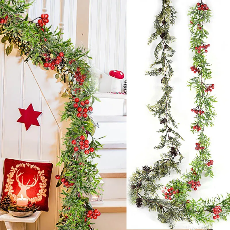 1.5M Artificial Holly Leaf Vine And Red Berries Christmas Rattan DIY Garland Wreath Xmas Tree Hanging Ornaments Home Decoration