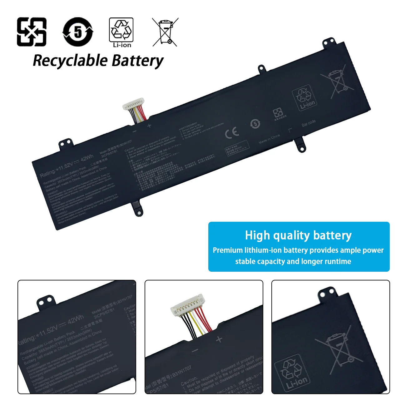 B31N1707 Laptop Battery For ASUS VivoBook S4200U S4200UQ S4000V S4100V S410UA S410UN R421U X411U X441UA X411UF X411UN X411UQ 42W