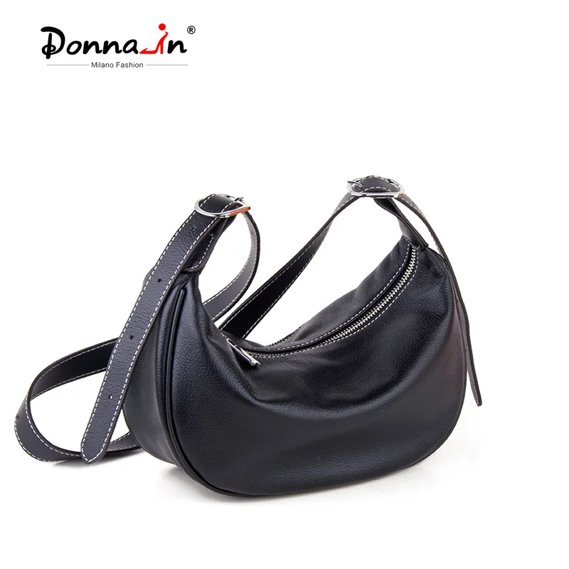 

Donna-in Genuine Leather Crossbody Bag for Women Natural Cowhide Black Shoulder Half Moon Bag Crescent Daily Commute Casual