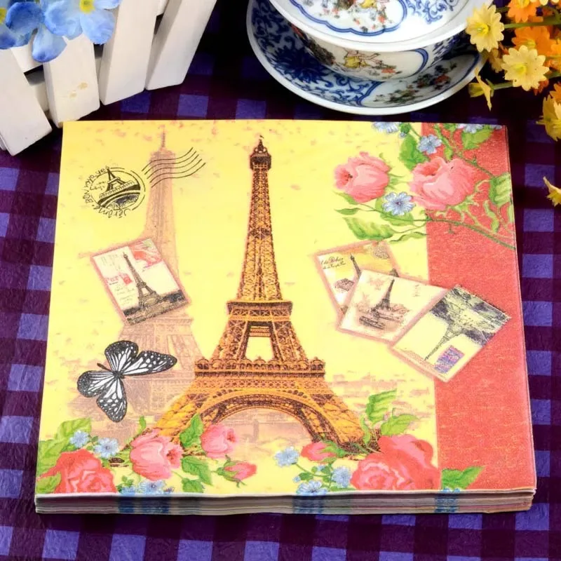 20pcs/Pac 33*33cm 2Ply Postcard Style Dish Bone Bart Paper Butterfly Tower Print Party Decoration Disposable Paper Placemat