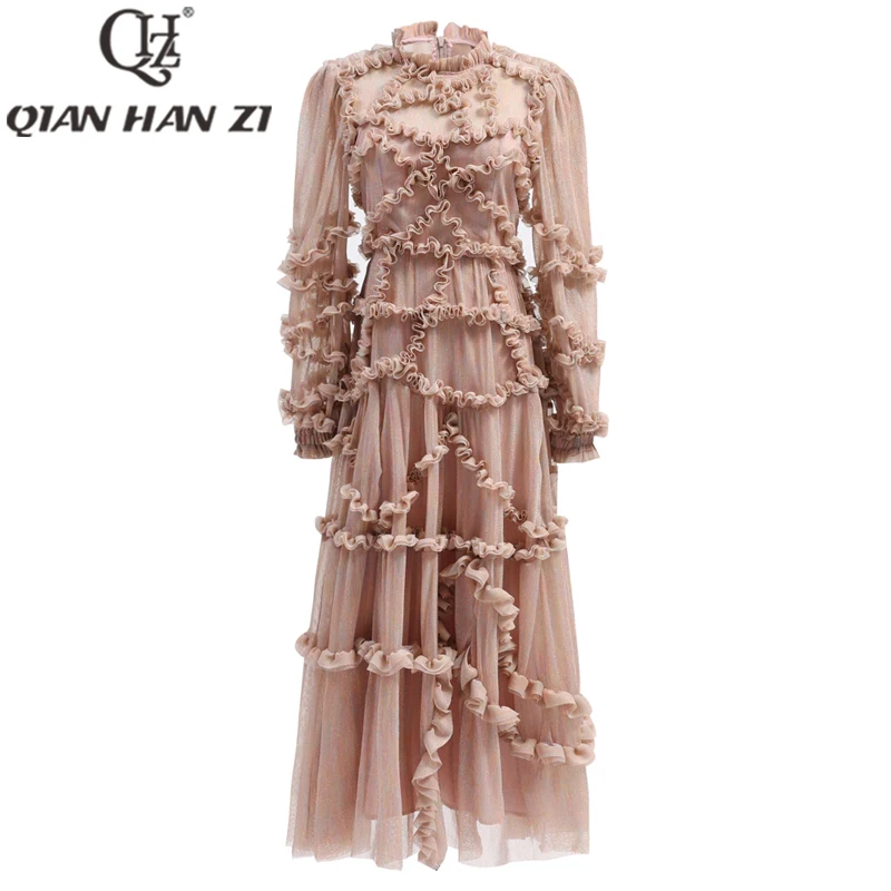 

QHZ designer fashionable ruffled elegant long dress Women's long sleeves Retro beach Vacation Slim Maxi Dress