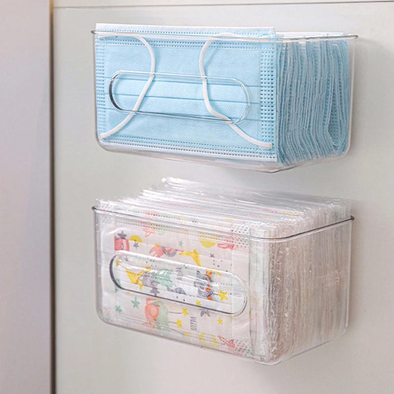 1pc Transparent Storage Box Wall Mounted Tissue Box Large Capacity Disposable Mask Holder Free-punching for Home Office Entrance