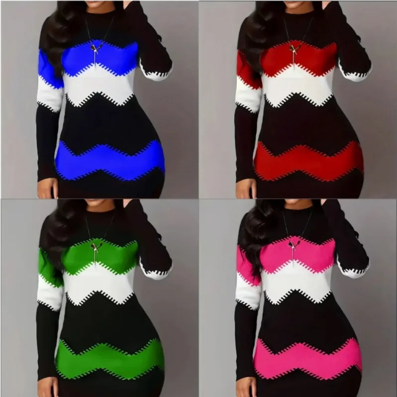 

GLEC women's knitted hip hugging jumpsuit color blocked nightgown mid length short skirt round neck printednew women's nightgown