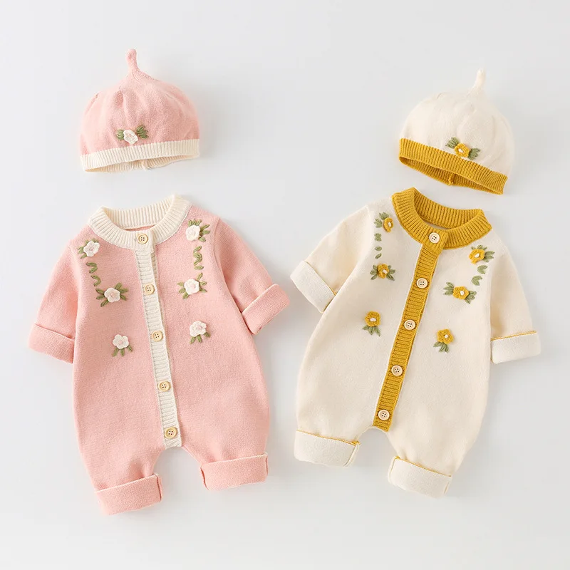 

Весенне-осенние комбинезоны для маленьких девочек, вязаные детские боди с цветочной вышивкой для маленьких девочек, цельные комбинезоны, комбинезоны для новорожденных мальчиков