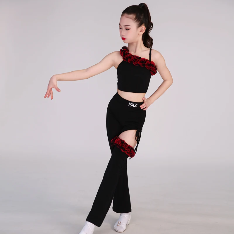 

Latin Dance Training Suit Sexy Diagonal Shoulder Single Leg Design Girls Children Jumpsuit Latin Dance Practice Clothes