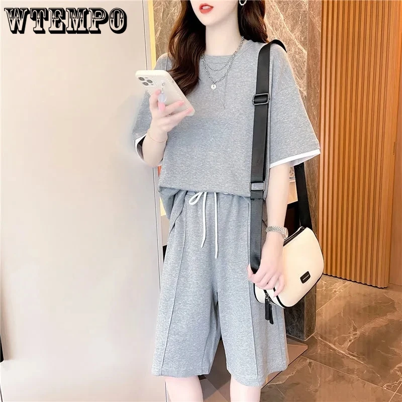 Casual Sports Set Women's Loose Short Sleeved T-shirt Drawstring Shorts Two Piece Set Grey Cotton Material Summer