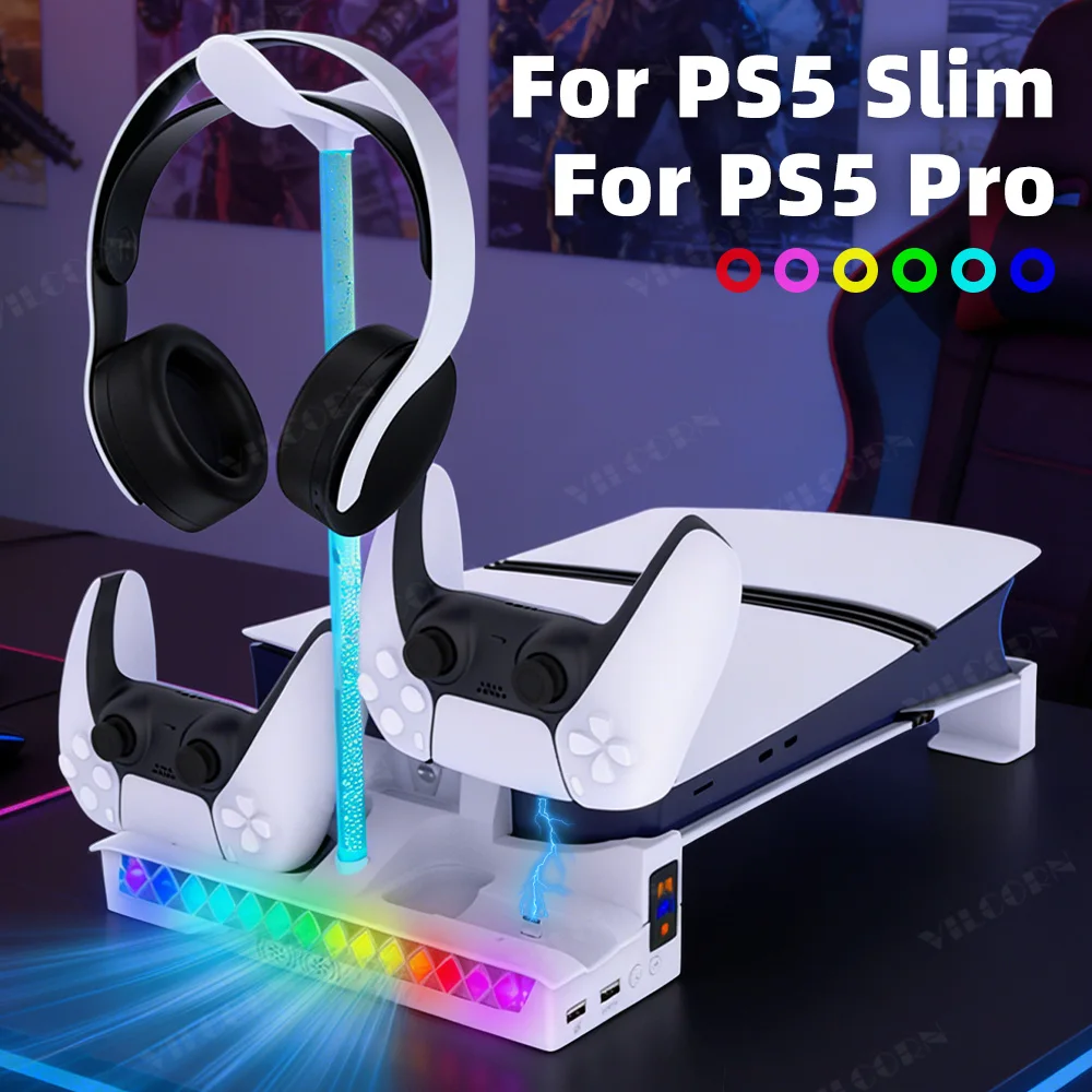 Cooling Station For PS5 Slim&Pro Disc&Digital Horizontal Stand For Ps5 Slim Pro Accessories with Charging Dock RGB Light