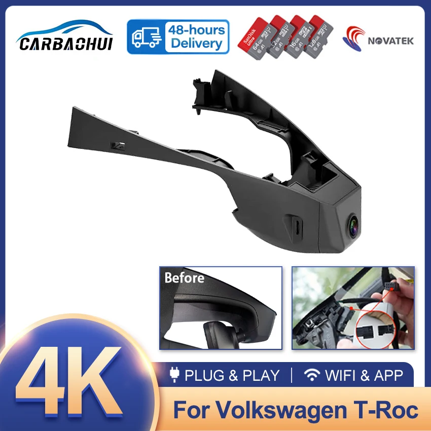 New 4K Wifi Car DVR Video Recorder Plug and Play Dash Cam Camera for Volkswagen VW T-Roc AC7 A11 2017-2020 2021 2022 2023 2024