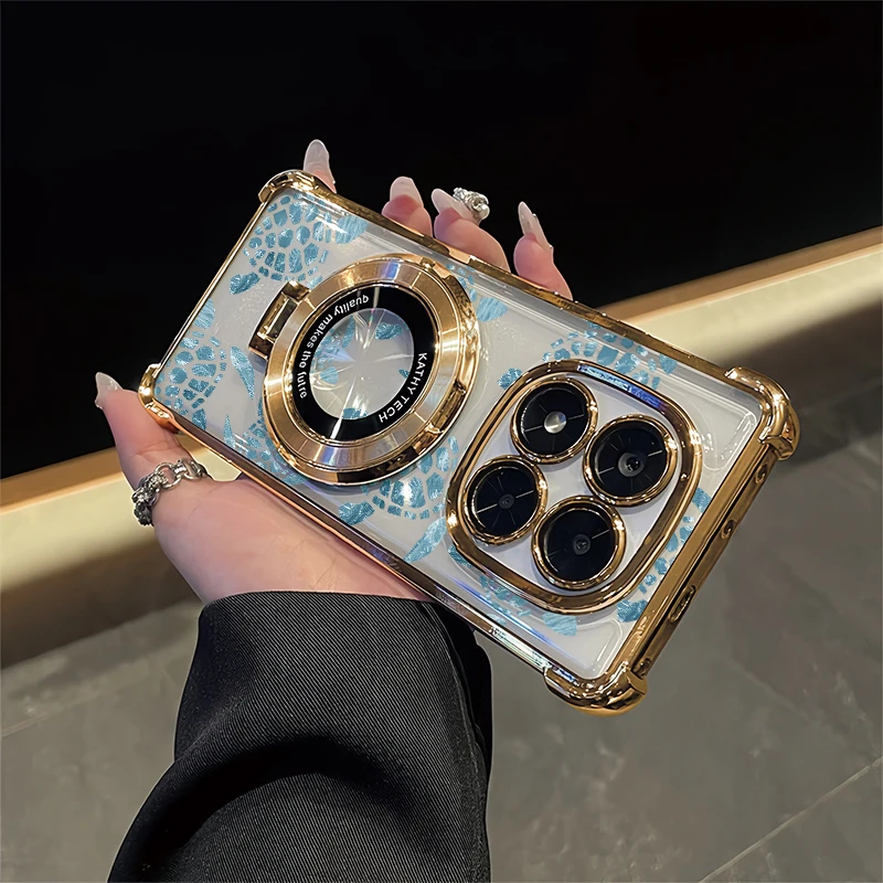 Luxury Plating Phone Case For Xiaomi Redmi Note 15 Pro Plus 14 4G 13 5G 15 Pro Bracket Shockproof Sea Turtle Pattern Cover