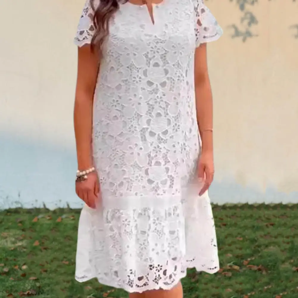 

Women Lace Dress Elegant Vintage Lace Summer Dress with V Neck A-line Silhouette for Prom Party Dating Events White V-neck Dress