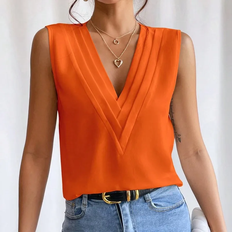 Lady Sleeveless Orange Blouse 2024 Summer Multi Layered V-neck Solid Tank Top For Women Shirts Blusas Femininas Рубашка Оверсайз