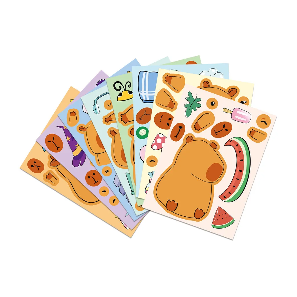 8 قطع من ملصقات ألغاز كابيبارا - ملصقات تعليمية تفاعلية بين الوالدين والطفل "صنع وجه" مقاومة للماء (متجر عوالم الرسوم المتحركة)