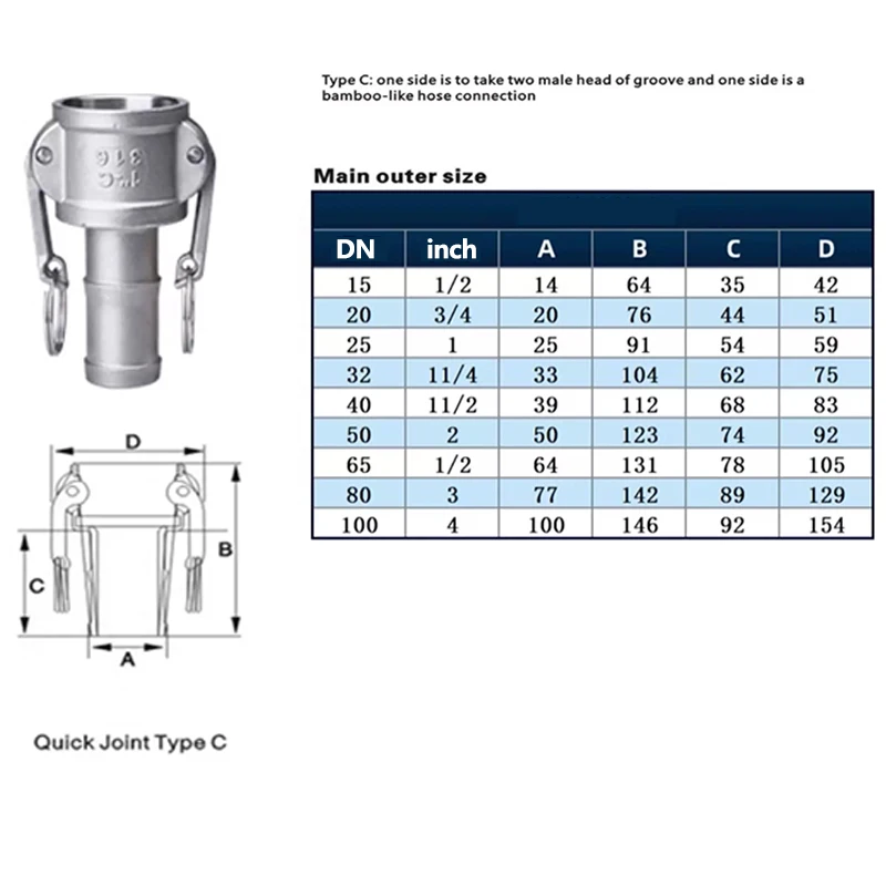 304 Stainless Steel Quick Coupling C-Type Hose Water Pipe Clamp Hose Connector Industrial