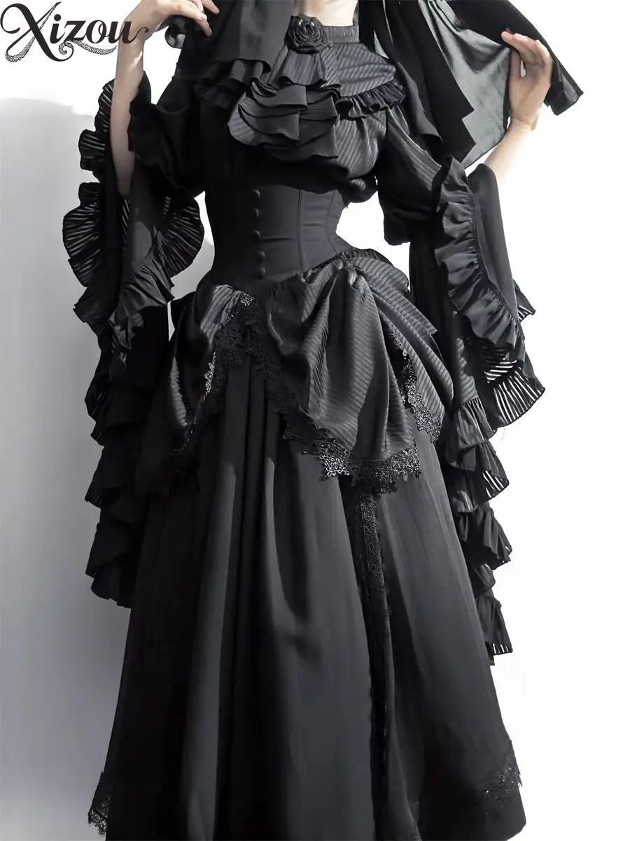 

2025 Gothic Shirt Lolita Set Black White Fishbone Skirt Long Flying Sleeve Lace Blouse Vintage High Waist Strap Up Outfit Zipper