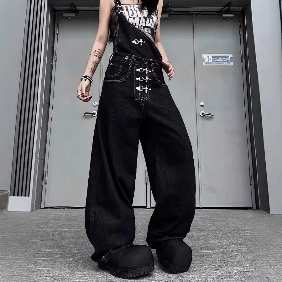 

Trendy High Street Design Minority Fashion Personalized Printed Flying Buckle Shoulder Strap Classic Solid Color Jeans