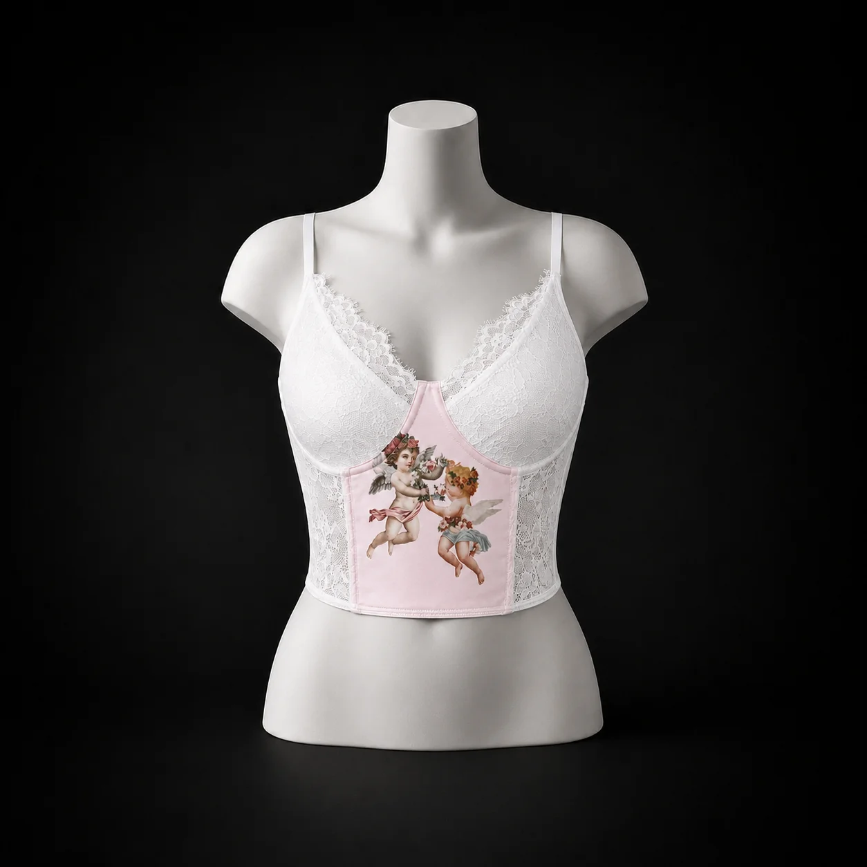 White Lace Corset Top Women's Angel Print V-Neck Bustier Women Adjustable Strap Form Fitting Cropped Cami Top