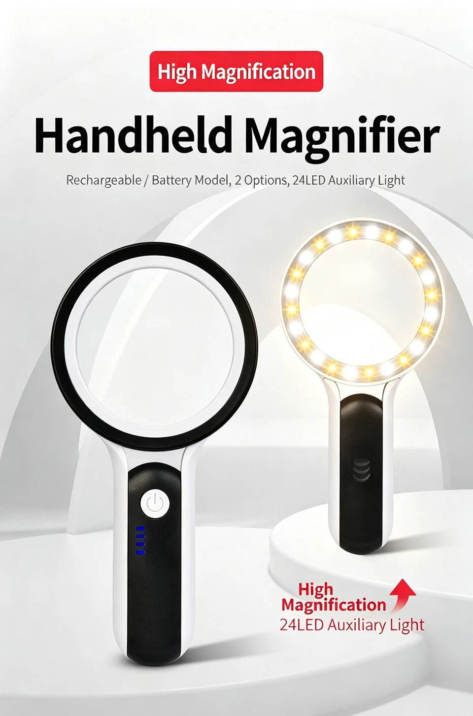 30-fache Handlupe mit 24 LED-Leuchten, 3 Beleuchtungsmodi, Wiederaufladbare Vergrößerungslupe für Senioren zum Lesen – Detail 1