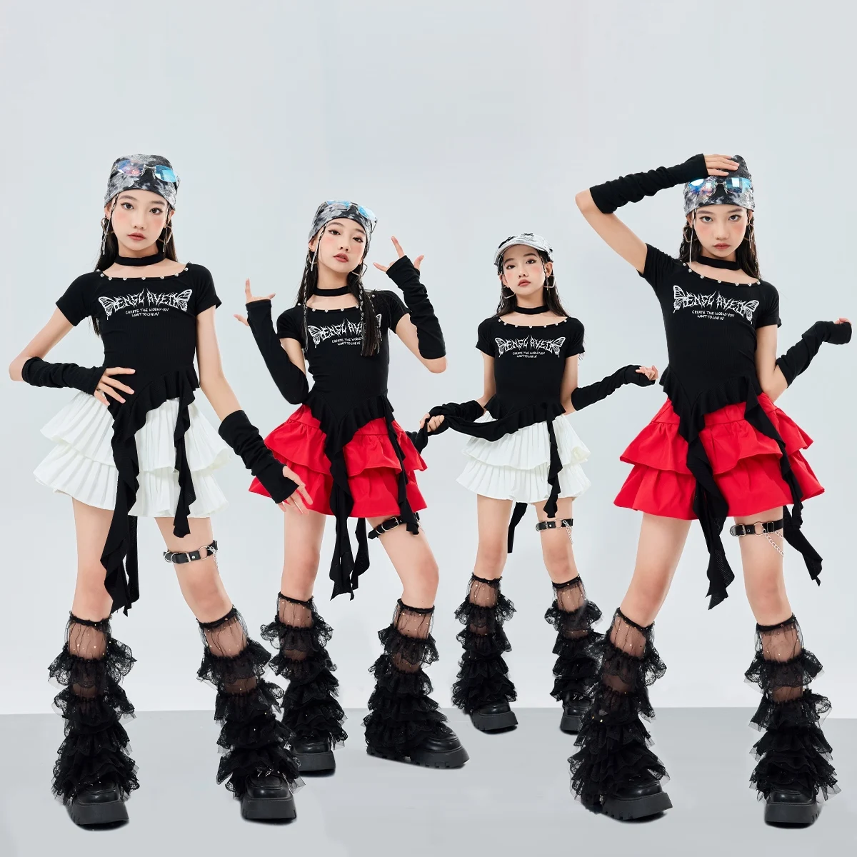 Traje de dança jazz meninas hip hop desempenho wear preto topo vermelho bolo saia criança dança rua moda roupas kpop outfit 2120