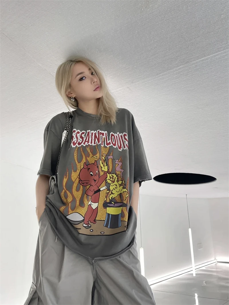 SSSAINT LOUIS High-quality Diamond Studded Print Vintage High Street Short Sleeved Casual Loose Cotton Oversize T-shirt Rock