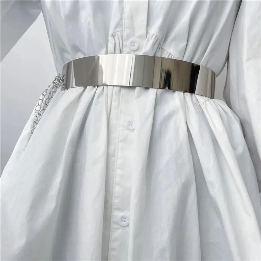 New Women Metal Designer Belt Fashion Luxury Gold Silver Mirror Waistband with Waist Chain Vintage Dress Bling Waistband