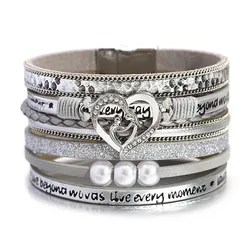 ALLYES Vintage Heart Pearl Multilayer Leather Bracelet for Women Men Boho Wide Wrap Bracelets Charm Jewelry Mothers Day Gifts