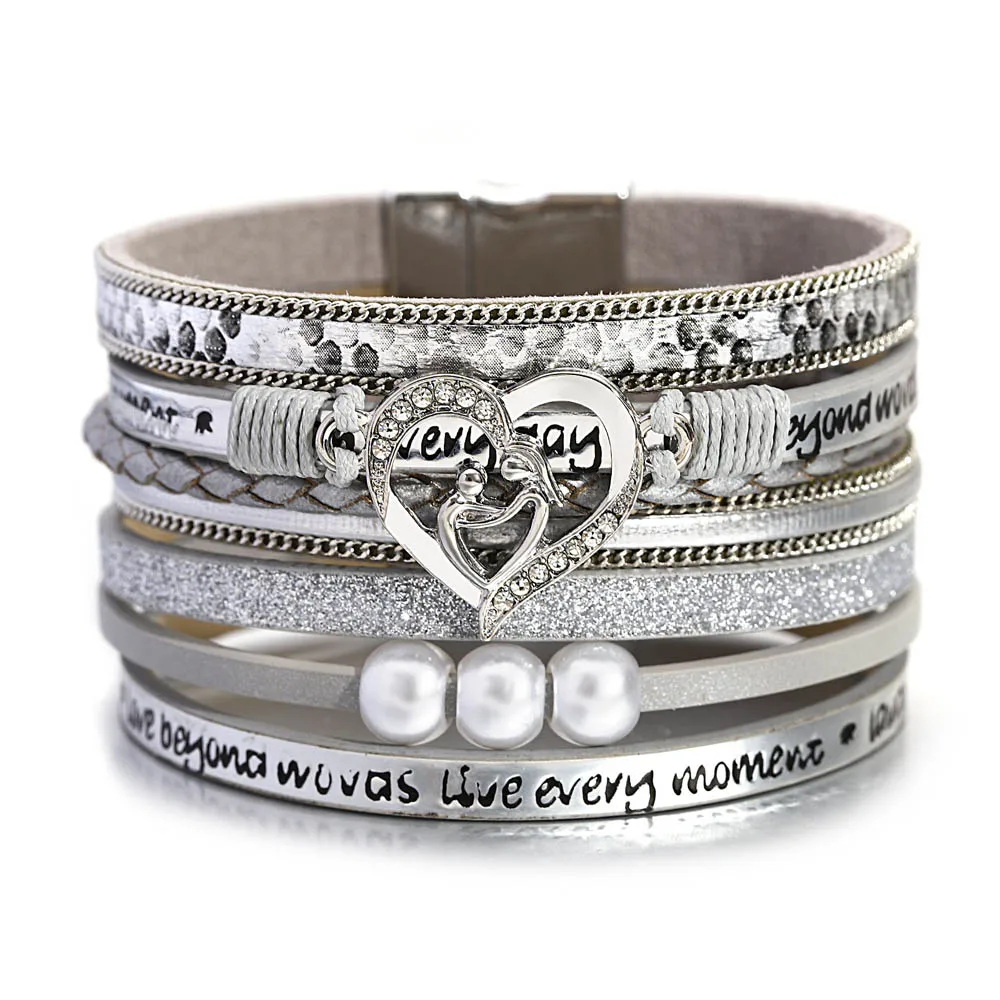 ALLYES Vintage Heart Pearl wielowarstwowa skórzana bransoletka dla kobiet mężczyzn Boho szerokie bransoletki Charm biżuteria prezenty na dzień matki