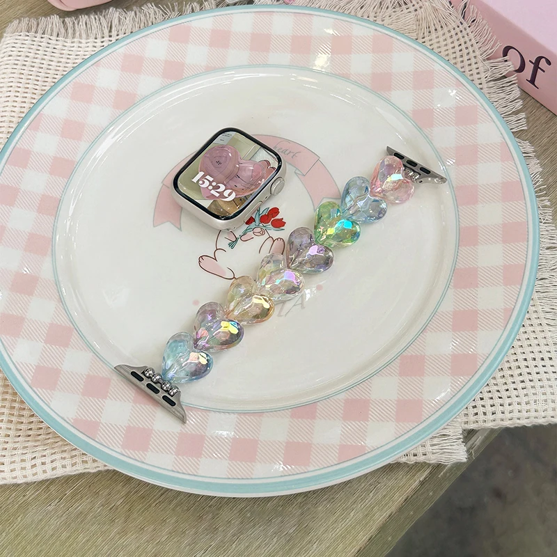 Rainbow Heart Crystal Strap for IWatch Series 11 10 9 8 7 Ultra Colorful Wrist Bracelet for Apple Watch Band 40mm 44 45 42 41 49