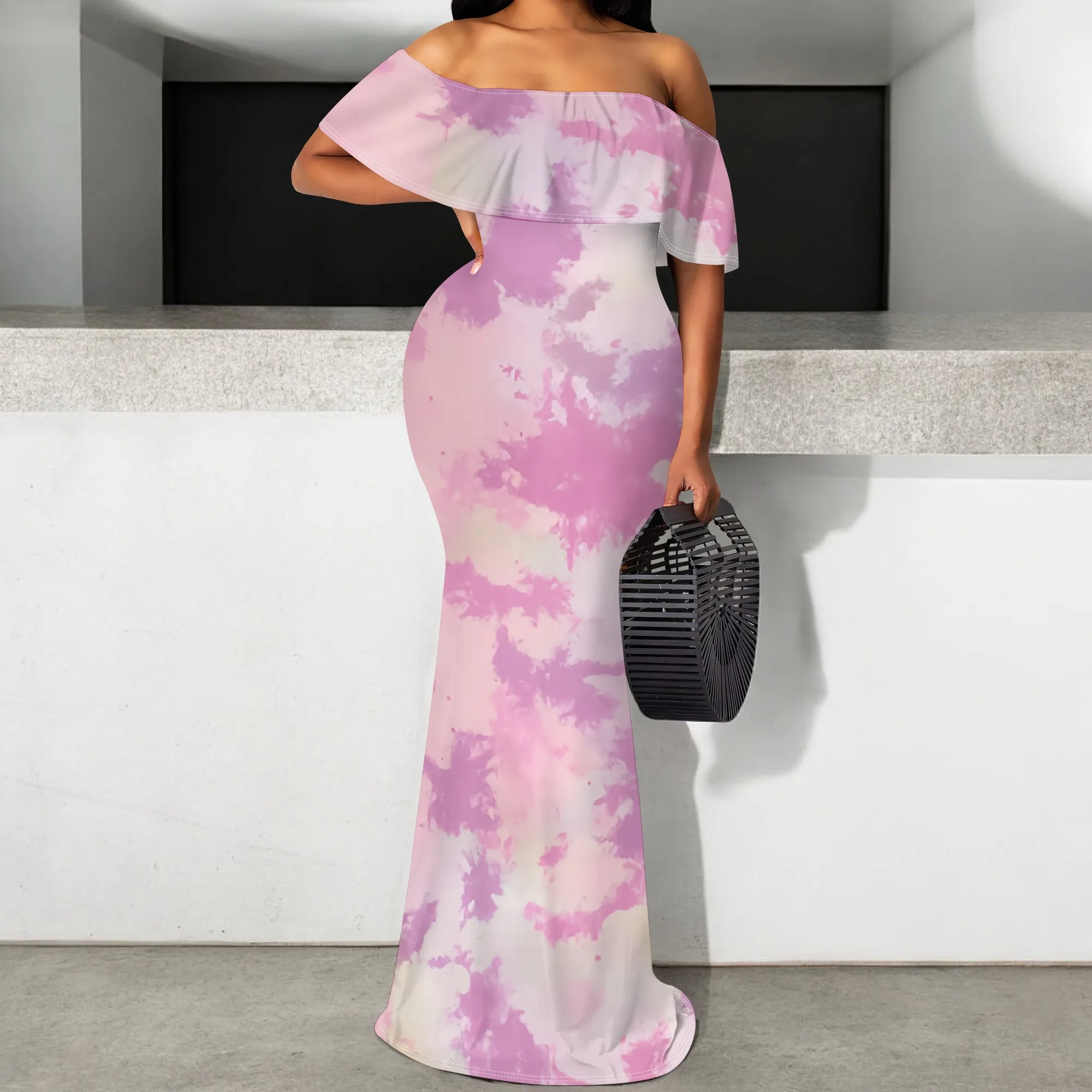 

Women's Tie Dye Off Shoulder Ruffle Maxi Dress Bodycon Pink Purple Summer Beach Party S-3XL