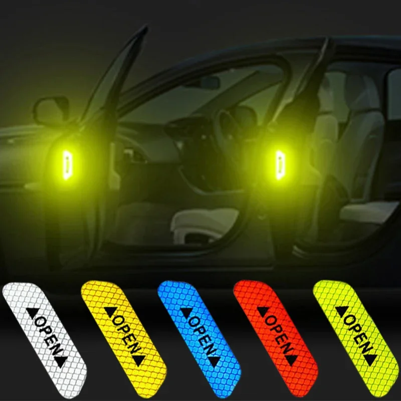 4pcs Car Door Safety Anti-collision Warning Reflective Stickers OPEN Stickers Long-distance Reflective Exterior Accessories