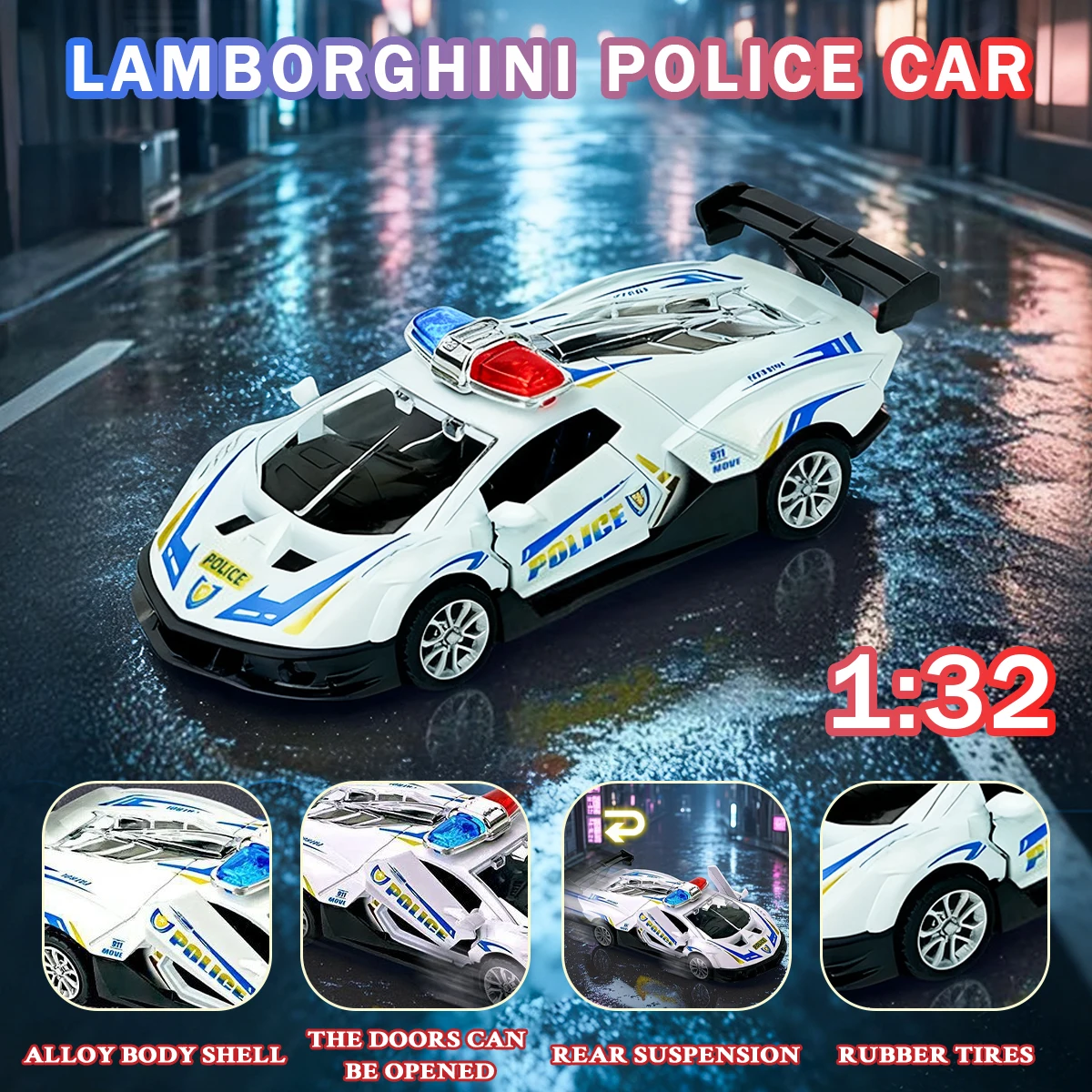 1/32 Automodell Lamborghini Diecast Legierung Polizei mit Zurückziehen Metall Sportwagen Modell für Jungen Geburtstagsgeschenk