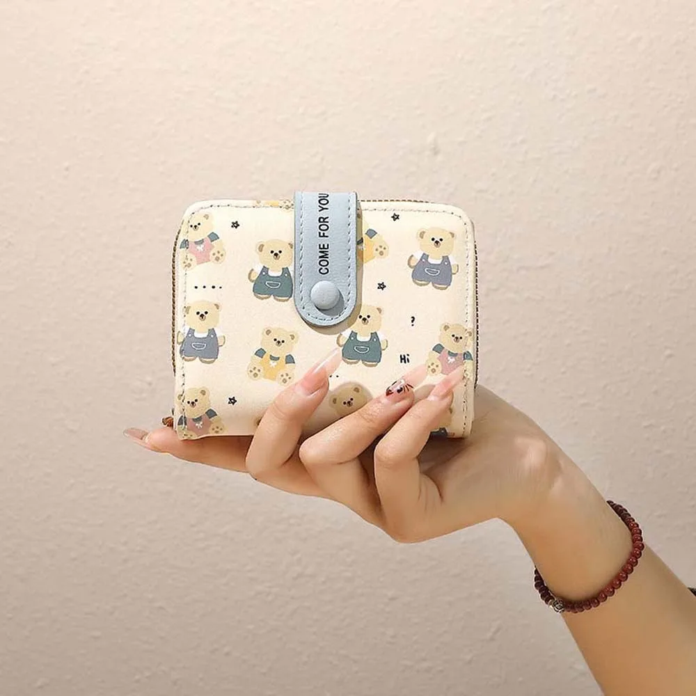 

Versatile Portable Cartoon Bear Wallet Patterned PVC Women Card Bag Anti-Splash Water Candy Color Lady Short PU Purses Work
