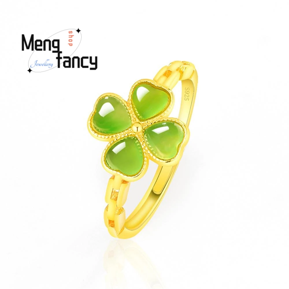 

Natural Old Material Hetian Jade Heart-shaped Petal Ring Rose Gold S925 Silver Inlaid Women's High-grade Luxury Fashion Jewelry
