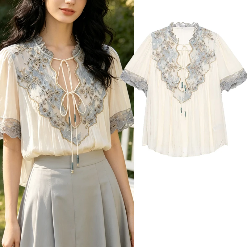 Guobioziy  Boho Floral Embroidery Lace Blouse Ruffled Neck Front Tie String Short Lace Cuff Loose Pleated Vintage Casual Shirt