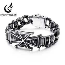 Fongten Gothic Skull Cross Curb Men's Bracelet Vintage Black Cuban Chain Stainless Steel Skeleton Male Bracelets Bangle Jewelry