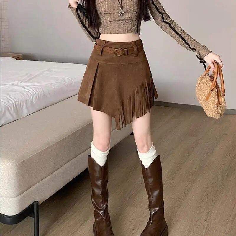 

Hot 2026Autumn Winter New Women Retro Large Sized Tassel Half Skirt Fashion High Waist Irregular Design Sense A Line Short Skirt
