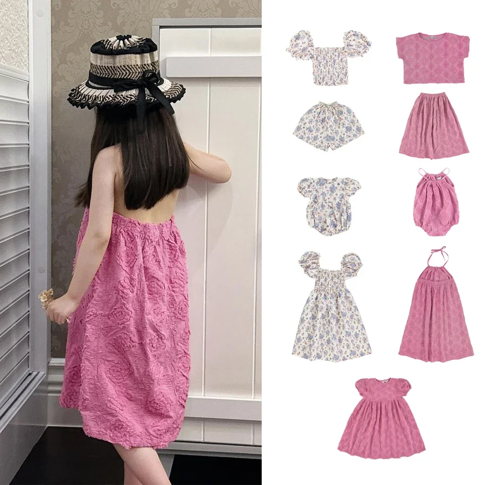 

New 2024 Bebe Summer Dress Girls Pink Dress Baby Fashion Clothes Short Sets Children Girl Cotton Birthday Wear Kids Party Dress