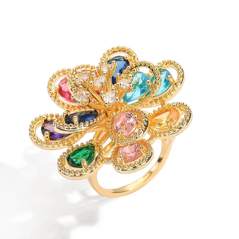GANPUP Luxuriöser offener Fingerring mit farbigen Zirkonia-Blumen für Damen, für den täglichen Gebrauch, funkelnder, verstellbarer Ring, Schmuck, Hochzeitsgeschenk – Detail 5