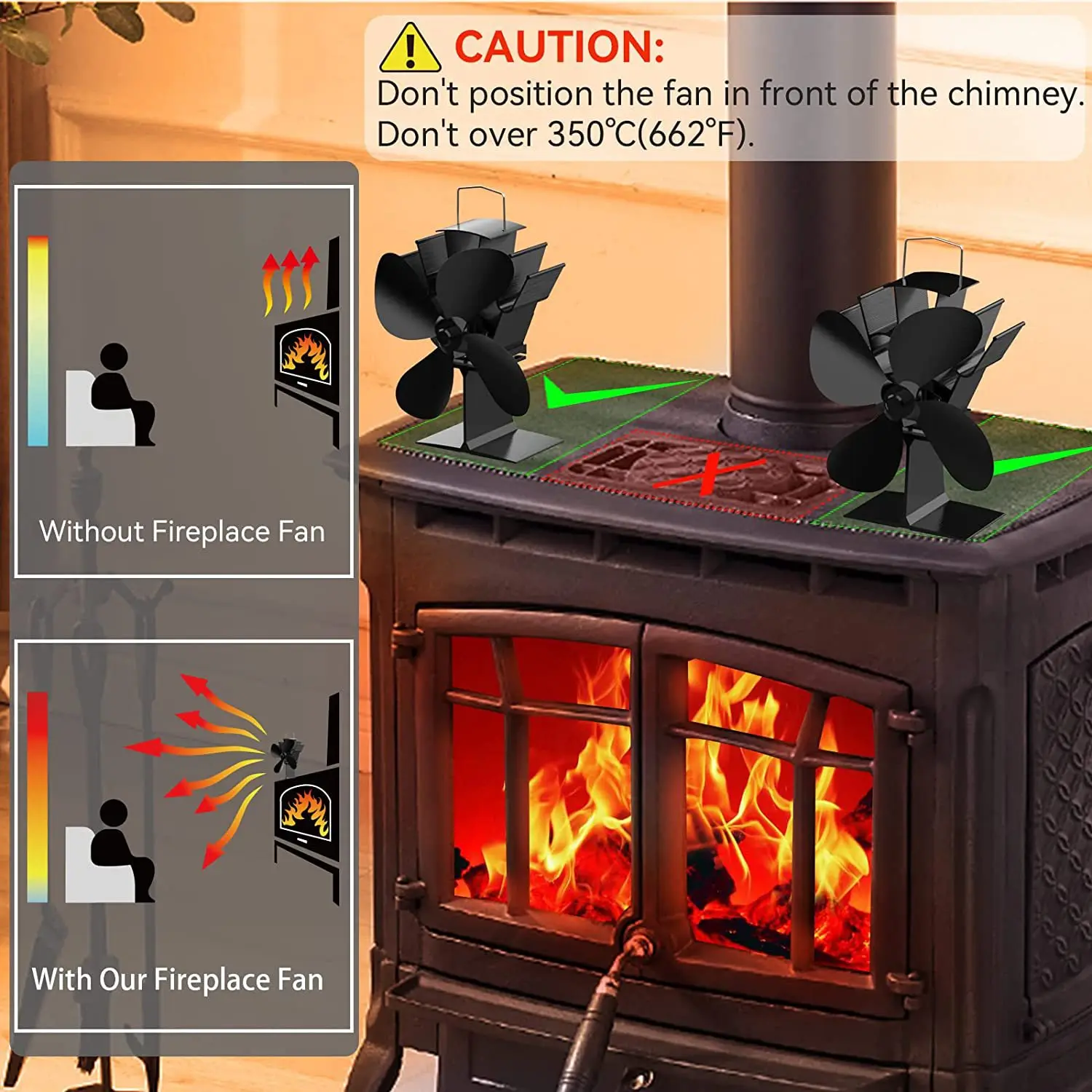 Calor alimentado lareira fogão ventilador, Log queimador de madeira, Eco, silencioso, fogo, casa, quente eficiente, distribuição, 4 lâminas, 5