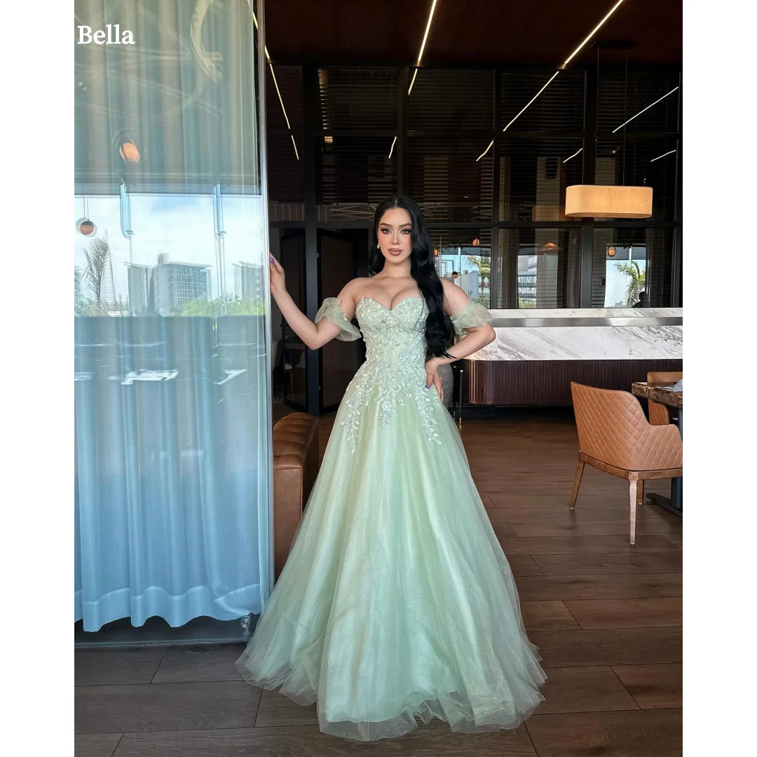 

Bella Customized Puff Sleeve Backless Strapless robes de soirée A-line Floor-Length Party Dresses Green Mesh Fabric Prom Dress