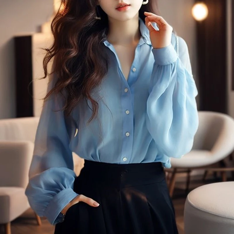 Spring Autumn New POLO Collar Fashion Long Sleeve Shirt Women High Street Solid Color Button Cardigan Elegant All-match Tops