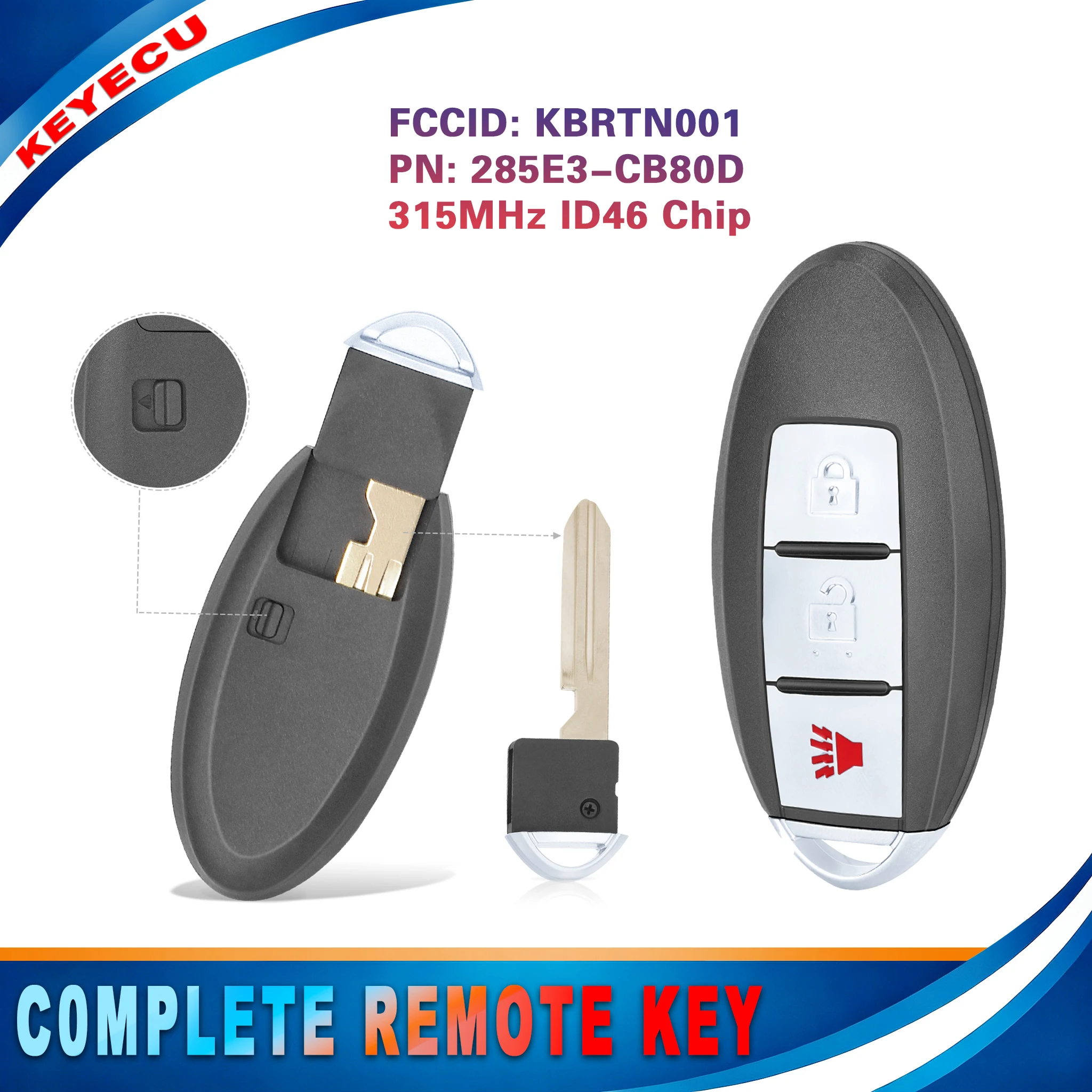 KEYECU for Nissan Murano 2005 2006 2007 Proximity Smart Key Fob 3 Button KBRTN001 285E3-CB80D 315MHz ID46 Replacement  Fob