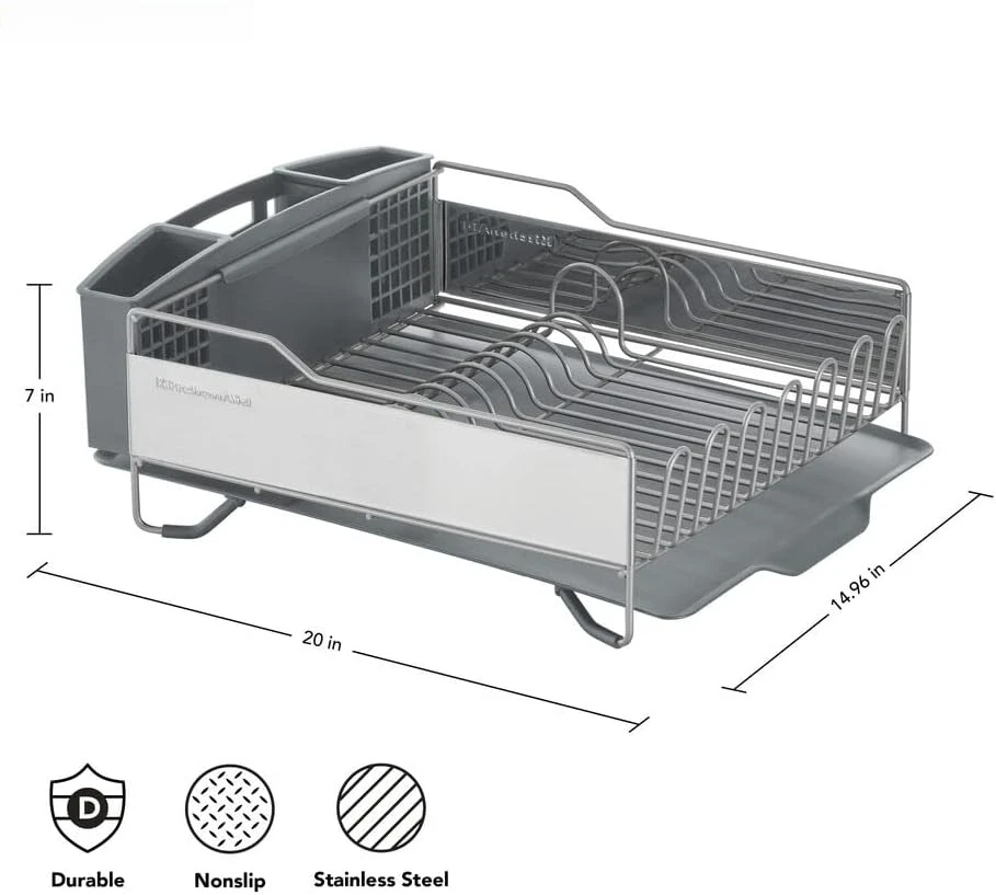 

Large Capacity Full Size Rust Resistant Dish Rack with Angled Drain Board and Removable Flatware Caddy, Light Grey