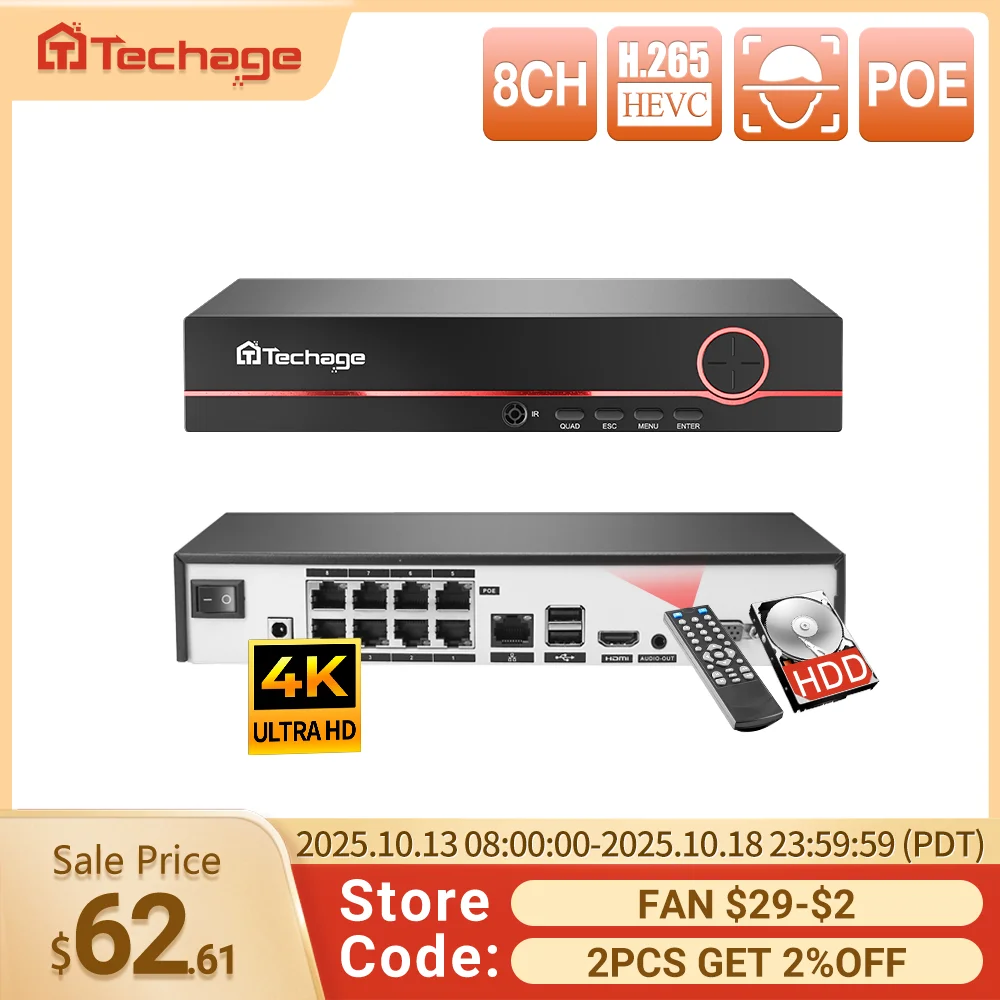 

Techage H.265 4K 8CH PoE NVR 2MP 3MP 5MP Network Hard Disk Video Recorder Home Security CCTV Surveillance DVR For PoE IP Camera