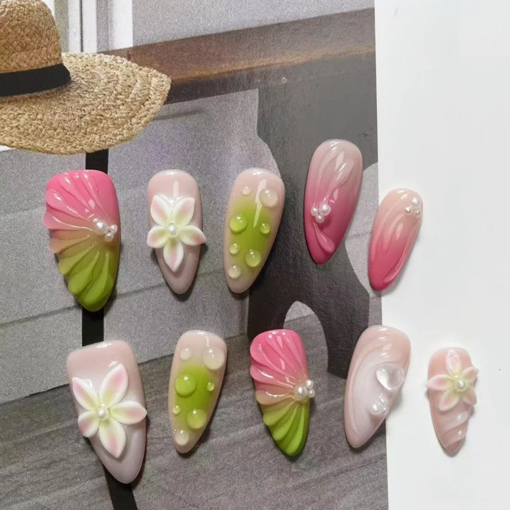 

10pcs Gradient Pink Mid-length Almond False Nail Summer Flower Rhinestone Design Handmade Nails Tip Reusable Press on Fake Nails