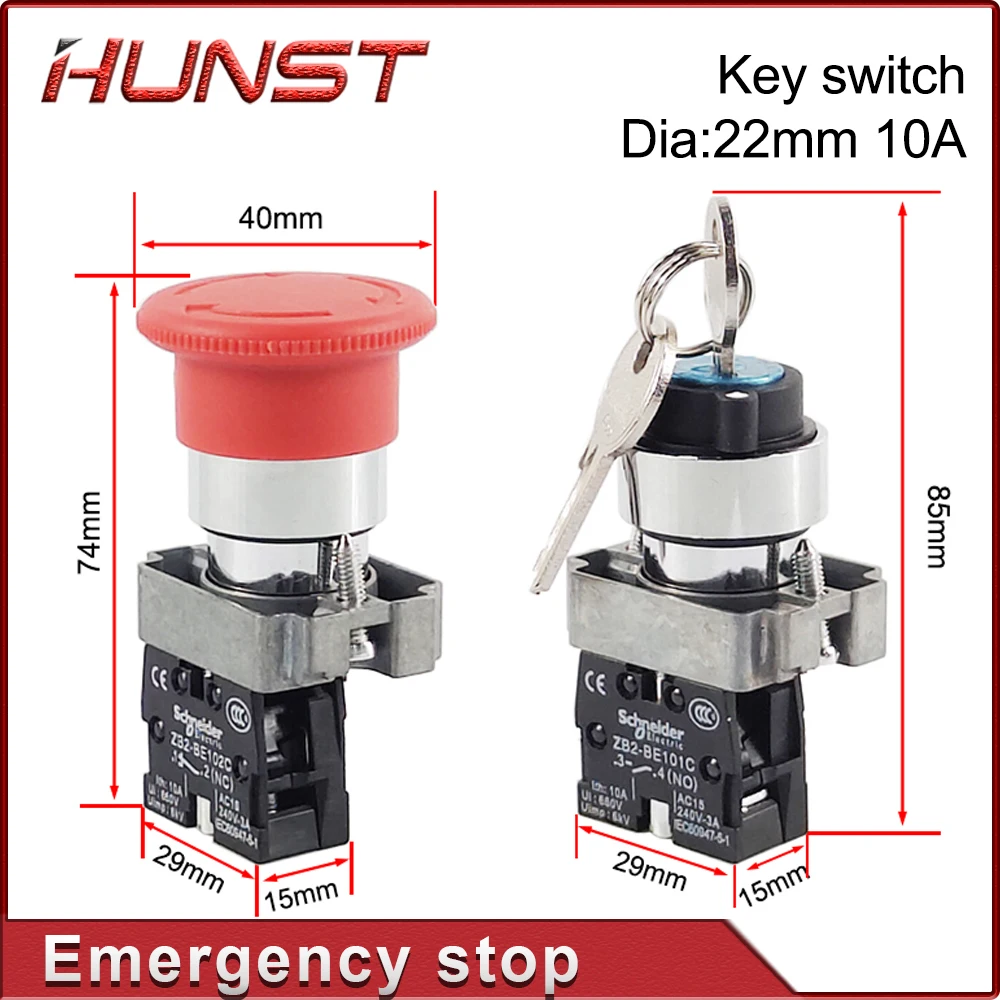 Hunst Emergency Stop Button NC Key Switch NO AC15 10A for CO2 Laser Engraving Cutting Machine