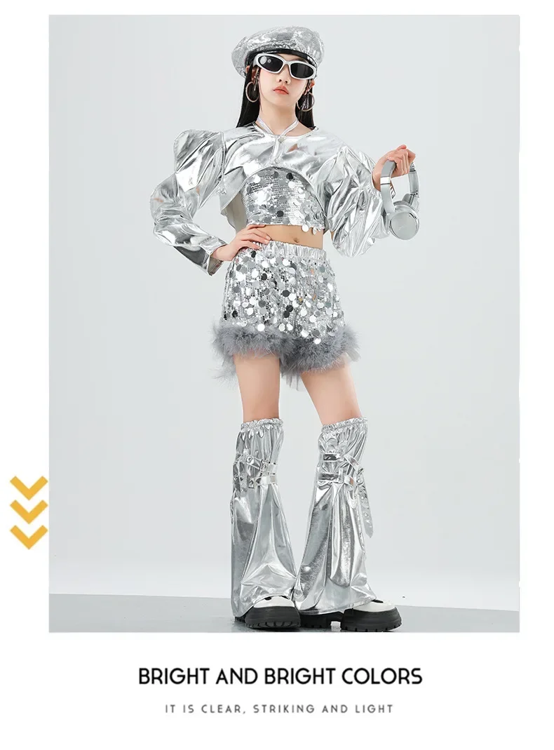 Mädchen Silbernes Pailletten-Jazz-Hip-Hop-Tanzkostüm Streetdance-Bühnenoutfit Glitzerndes Pailletten-Tanzoutfit-Set – Detail 11