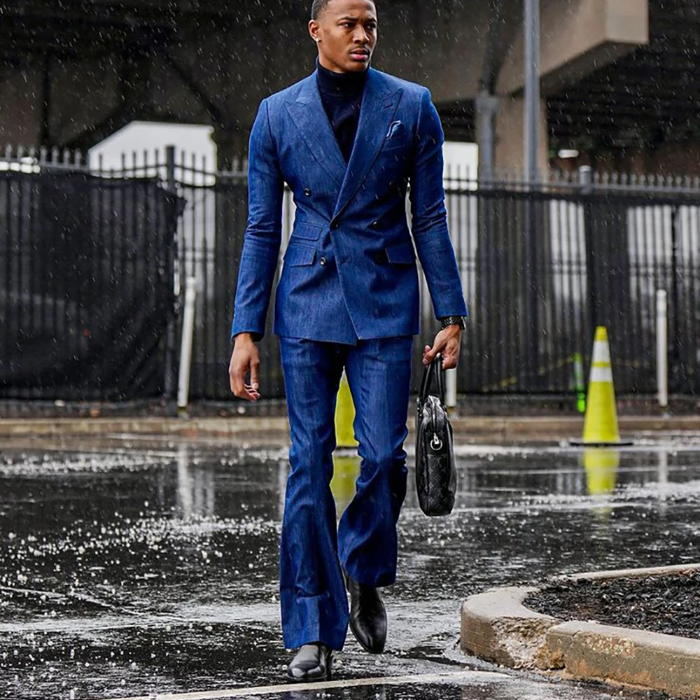 

Modern Men's Suits Male 2 Pieces(Jacket+Pants) Set Stretch Double Breasted Jean Blazer Casual Smart Business Office Wear