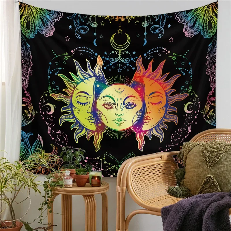 Bohemian Sun Moon Print Tarot Tapestry Boho Divination Bedspread Witchcraft Hippie Dorm Background Cloth Rug Tablecloth